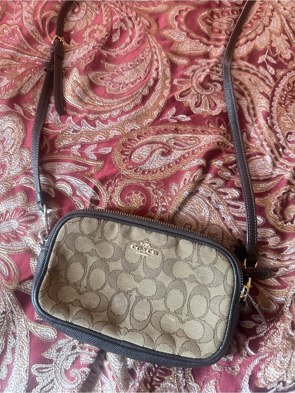 Coach Khaki Signature Canvas Crossbody with Brown Trim